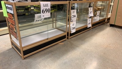 (3) 46IN X 23IN X 39IN HIGH DISPLAY CABINET WITH GLASS FRAME AND (1) HIGH DISPLAY CABINET WITH GLASS FRAME (MISSING GLASS) (ROW 3) (DELAY PICK UP BUYER WILL BE NOTIFY)