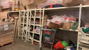 LOT OF ASST'D PLASTIC JARS, PLASTIC BINS, FOOD TRAYS, GLASS CUPS, DECORATIONS W/ SHELVING (WAREHOUSE)