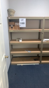 (4) SECTION OF SHELVING, (1) 2 DOOR CABINET AND (1) WORK TABLE 106IN X 32IN X 37IN W/ CONTENT