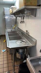 98"X 29" 3-BAY STAINLESS STEEL SINK WITH SALVAJOR MESS CONTROL DISPOSER AND 98"X 14" STAINLESS STEEL SHELF (LOCATION PANTRY)