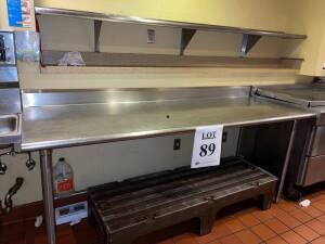 (LOT) (1) 89" X 30" STAINLESS STEEL PREP TABLE, (1) 36" X 30" STAINLESS STEEL TABLE, (1) 107" X 12" STAINLESS STEEL SHELF, (1) 36" X 24" STAINLESS STEEL SHELF AND (1) ADVANCE STAINLESS STEEL SINK (LOCATION STONE'S THROW)