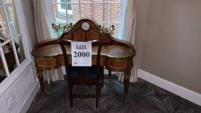 VINTAGE WOOD DESK WITH BUILT-IN CLOCK AND CHAIR, (LOCATION: WARDMAN TOWER)