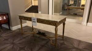 VINTAGE CARVED MARBLE TOPPED TABLE 30 INCH D X 65 1/2 INCH W X 34 INCH H, (LOCATION: WARDMAN TOWER)