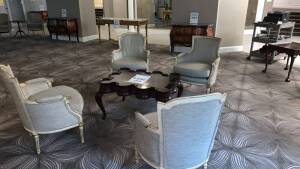 VINTAGE MARK DAVID COFFEE TABLE WITH (4) SIDE CHAIRS, (LOCATION: WARDMAN TOWER)
