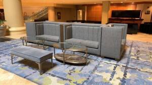 SIX SIDED SOFA 177 INCH LONG X 56 INCHES WIDE WITH (4) GLASS COFFEE TABLES WITH MARBLE BASE & RUG APROX: 23FT LONG X 220 INCH (LOCATION: MAIN LOBBY)