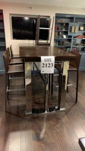 LOT (6) ENRICO PELLIZONI LEATHER COUNTER STOOLS WITH HIGH WOOD TABLE WITH CHROME BASE APROX: 92 INCHES X 36 INCHES X 45 INCHES HIGH WITH BUILT IN CHARGING STATIONS(LOCATION: 10TH FLOOR CONCIERGE LOUNGE)
