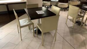 LOT (4) ENRICO PELLIZONI LEATHER CHAIRS WITH SQUARE WOOD TABLE WITH CHROME BASE 36 INCHES X 30 INCHES (LOCATION: 10TH FLOOR CONCIERGE LOUNGE)