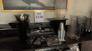 LOT OF ASSTD KITCHENWARE: PLATES, BOWLS, FORKS SPOONS, KNIVES, WATER DIDPENSER, COFFEE DISPENSER, COFFEE CUPS (LOCATION: 10TH FLOOR CONCIERGE LOUNGE)