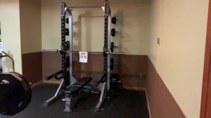 HAMMER STRENGTH POWER RACK HDLSTOR-SA WITH ASSTD WEIGHTS AND BENCH (LOCATION: FITNESS CENTER)