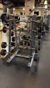 LOT OF (9) ASSTD HAMPTON BARBELLS WITH LIFE FITNESS STAND WEIGHT: 20LB-110LB (LOCATION: FITNESS CENTER)