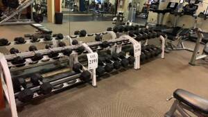 LOT OF ASSTD DUMBBELLS WITH THREE SECTION DUMBBELL RACK (LOCATION: FITNESS CENTER)