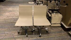 LOT OF (50) CHARTER FURNITURE WHITE PNEUMATIC CHAIRS (MUST TAKE LOTS AS STACKED, PLEASE INSPECT)(SOME HAVE RIPS AND LOOSE FABRIC) (LOCATION: MAIN LOBBY)