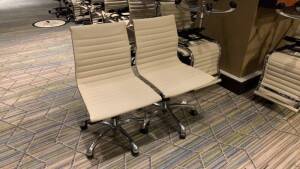 LOT OF (50) CHARTER FURNITURE WHITE PNEUMATIC CHAIRS (MUST TAKE LOTS AS STACKED, PLEASE INSPECT) (SOME HAVE RIPS AND LOOSE FABRIC) (LOCATION: MAIN LOBBY)