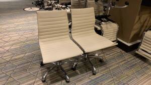 LOT OF (50) CHARTER FURNITURE WHITE PNEUMATIC CHAIRS (MUST TAKE LOTS AS STACKED, PLEASE INSPECT) (SOME HAVE RIPS AND LOOSE FABRIC) (LOCATION: MAIN LOBBY)