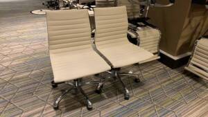 LOT OF (100) CHARTER FURNITURE WHITE PNEUMATIC CHAIRS (MUST TAKE LOTS AS STACKED, PLEASE INSPECT) (SOME HAVE RIPS AND LOOSE FABRIC) (LOCATION: MAIN LOBBY)