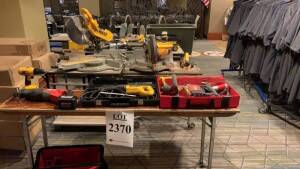 LOT OF ASSTD DEWALT TOOLS: (1) 12 INCH DOUBLE BEVEL SLIDING COMPOUND METER SAW MODEL: DWS780, (1) 12 INCH COMPOUND METER SAW MODEL: DW705, MILWAUKEE DEEP CUT SPEED BAND SAW 2729-21 (1) MILWAUKEE FUEL SAWZALL WITH BATTERY, (1) HILTI HAMMER DRILL TE 505, DE