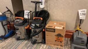 LOT OF (2) USED RIGID 16 GALLON WET /DRY VAC (MISSING ATTACHMENT) (1) NEW IN BOX RIGID 16 GALLON WET/DRY VAC (LOCATION: MAIN LOBBY BY WOODLEY PARK GIFT SHOP)