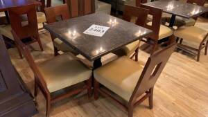 LOT OF (6) SQUARE TABLE WITH GRANITE TOP AND METAL BASE 36 INCH X 36 INCH (SOME MISSING PARTS/ CRACKED) WITH (4) CHAIRS EACH (LOCATION: HARRYS PUB)