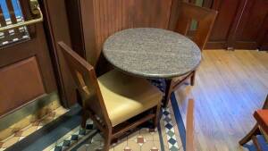 LOT OF (10) ROUND TABLES WITH GRANITE TOP AND METAL BASE 30 INCH WITH (2) CHAIRS EACH (LOCATION: HARRYS PUB)