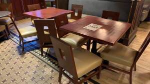 LOT OF (6) SQUARE WOOD TOP TABLE AND METAL BASE 36 INCH X 36 INCH WITH (4) CHAIRS EACH (LOCATION: HARRYS PUB)