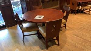 LOT OF (2) ROUND WOOD TOP TABLE AND METAL BASE 50 1/2 INCH WITH (4) CHAIRS EACH (LOCATION: HARRYS PUB)