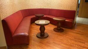 THREE SECTION U SHAPED BOOTH WITH (3) ROUND WOOD COFFEE TABLES 24 INCH (LOCATION: STONES THROW RESTAURANT)