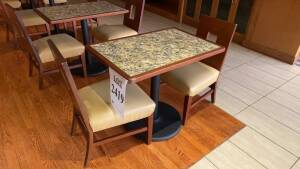 LOT OF (15) GRANITE TOP RECTANGLE TABLE WITH METAL BASE 36 INCH X 24 INCH WITH (2) CHAIRS EACH (LOCATION: STONES THROW RESTAURANT)