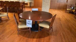 LOT OF (2) WOOD TOP ROUND TABLE AND METAL BASE 60 INCH WITH (4) CHAIRS EACH (LOCATION: STONES THROW RESTAURANT)
