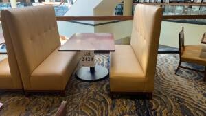 LOT OF (12) BOOTHS 66 INCH X 25 1/2 INCH X 54 INCH WITH (7) WOOD TOP TABLE AND METAL BASE 3FT X 52 INCH (LOCATION: STONES THROW RESTAURANT)