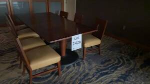 LOT OF (8) WOOD TOP SQUARE TABLES AND METAL BOTTOM 42 INCH X 42 INCH WITH (4) CHAIRS EACH (LOCATION: STONES THROW RESTAURANT)