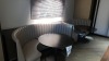 LOT OF (2) WOOD ROUND TABLES WITH METAL BASE 4FT WITH (2) BOOTHS 197 INCHES X 4FT X 42 INCHES HIGH (LOCATION: LOBBY LOUNGE) - 4