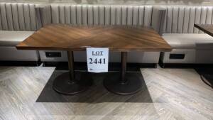 LOT OF (3) WOOD TOP RECTANGLE TABLE WITH METAL BASE 60 INCH X 36 INCH WITH (2) BOOTHS WITH BUILT IN OUTLETS 93 INCHES X 29 INCHES W X 36 INCHES H & (1) 78 1/2 INCH X 29 INCH X 36 INCHES H (LOCATION: LOBBY LOUNGE)