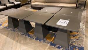LOT (6) METAL SQUARE TABLES WITH GLASS TOP, 27"INCHES X 27"INCHES X 26 1/2"INCHES HEIGHT (LOCATION: LOBBY LOUNGE)