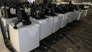 LOT OF (24) WHITE MINI FRIDGES, (24) ALARM CLOCKS, (24) IRONS, (24) HAIR DRYERS & (24) WHITE OFFICE CHAIRS (SOME ARE RIPPED) (LOCATION: MAIN LOBBY MARYLAND ROOM A PARK TOWER SIDE)