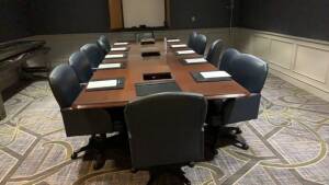WOOD CONFERENCE TABLE APPROX. 170 INCH X 72 INCH WITH (4) PIECE GLASS TOP WITH 3 PEDESTALS, (12) CHAIRS, (2) WOOD CREDENZAS, (2) MARBLE TOP METAL TABLES & WHITE BOARD (LOCATION: MAIN LOBBY NEXT TO BIG SALON TOWER SIDE)