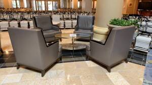 LOT (4) GUEST CHAIRS (1) GLASS COFFEE TABLES WITH MARBLE BASE, (LOCATION: MAIN LOBBY)