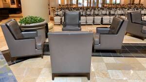 LOT (4) GUEST CHAIRS (1) GLASS COFFEE TABLES WITH MARBLE BASE, (LOCATION: MAIN LOBBY)