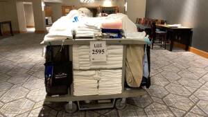 LOT OF (11) GREY RUBBERMAID CARTS WITH ASSTD TOWELS, LINENS, TRASH BAGS & SUPPLIES (LOCATION: 1ST FLOOR THURGOOD MARSHALL BALLROOM)