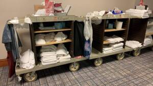 LOT OF (7) GREY MAID CARTS WITH ASSTD TOWELS, LINENS, TRASH BAGS & SUPPLIES (LOCATION: 1ST FLOOR THURGOOD MARSHALL BALLROOM)