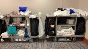 LOT OF (10) GREY RUBBERMAID CARTS WITH ASSTD TOWELS, LINENS, TRASH BAGS & SUPPLIES (LOCATION: 1ST FLOOR THURGOOD MARSHALL BALLROOM)