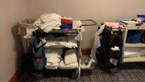 LOT OF (12) ASSTD METAL MAID CARTS WITH ASSTD TOWELS, LINENS, TRASH BAGS & SUPPLIES (LOCATION: 1ST FLOOR THURGOOD MARSHALL BALLROOM)