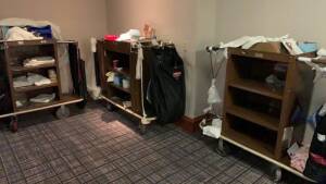 LOT OF (11) GREY MAID CARTS WITH ASSTD TOWELS, LINENS, TRASH BAGS & SUPPLIES (LOCATION: 1ST FLOOR THURGOOD MARSHALL BALLROOM)