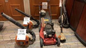 LOT OF ASSTD GARDENING TOOLS: (2) STIHL BACKPACK BLOWERS, STIHL TRIMMER, TORO COMMERCIAL LAWN MOWER FJ180V & ECHO HC-150 (LOCATION: MAIN LOBBY SALON 1)