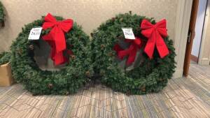 LOT OF ASSTD CHRISTMAS DECORATIONS: (6) WREATHS APPROX 60 INCH, AND (2) 6.5 FT PRE LIT SENECA PINE TREE (LOCATION: FIRST FLOOR MAIN LOBBY SIDE BY WILSON ROOM)