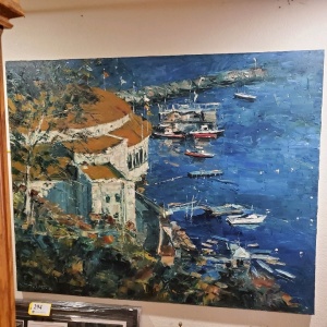 OIL ON CANVAS PAINTING SIGNED JORN FOX "SEASIDE VILLAGE" (60X48)