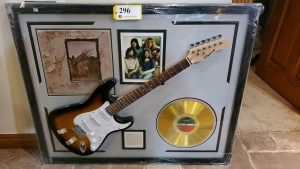 LED ZEPPELIN MEMORABILIA FRAME WITH ELECTRIC GUITAR AND "LED ZEPPELIN IV" GOLD RECORD (SIGNATURES NOT AUTHENTICATED ) (43X35)