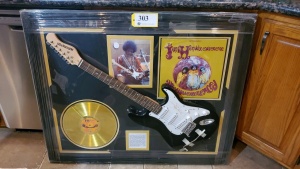JIMI HENDRIX MEMORABILIA FRAME WITH ELECTRIC GUITAR AND "ARE YOU EXPERIENCED" GOLD RECORD (SIGNATURES NOT AUTHENTICATED ) (43X35)