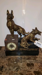 DECO STYLE BRONZE &amp; MARBLE MANTLE CLOCK “DOGS”