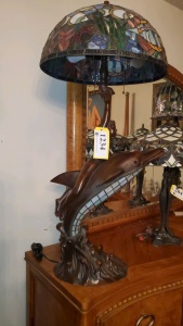 37” LEADED GLASS AND BRONZE TABLE LAMP TIFFANY STYLE “DOLPHIN”