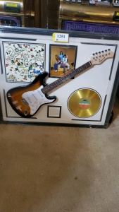 FRAMED LED ZEPPELIN MEMORABILIA WITH ELECTRIC GUITAR AND “LED ZEPPELIN III” RECORD (SIGNATURE IS UNAUTHENTICATED) (43X35)